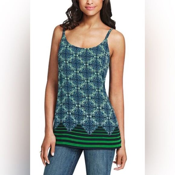CABI 107 women’s L Border Stripe Cami Navy Blue Green Geometric Boho Tank - Picture 1 of 11